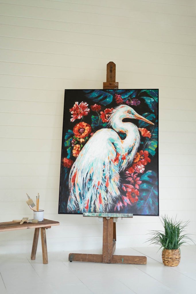 FRAMED OIL PAINTING - HERON WITH FLOWERS