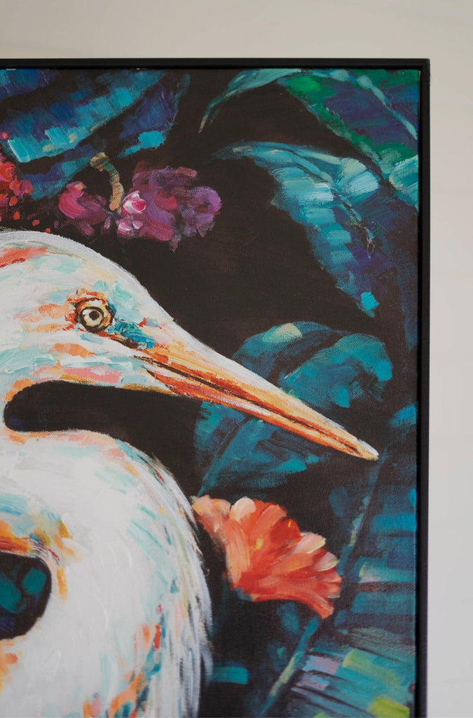 FRAMED OIL PAINTING - HERON WITH FLOWERS