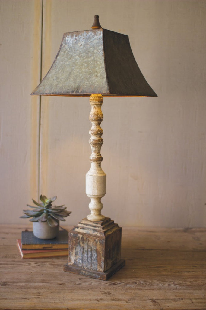 TALL TURNED BANISTER LAMP WITH METAL SHADE