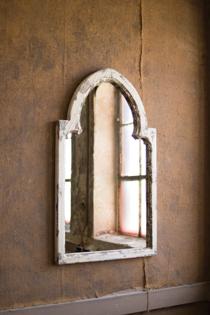 WHITE WOOD FRAMED MIRROR WITH GOLD ACCENT