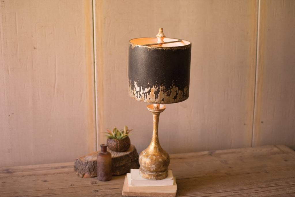 TABLE LAMP - ROUND WOODEN BASE W BLACK & GOLD METAL SHADE