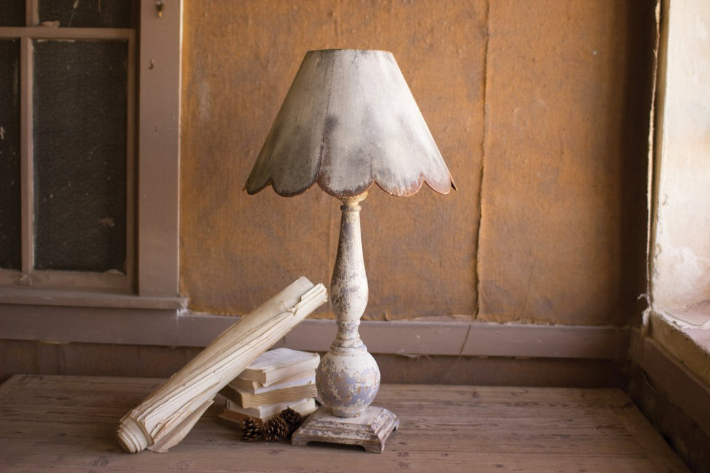 TABLE LAMP - WOOD BASE WITH RUSTIC SCALLOPED METAL SHADE