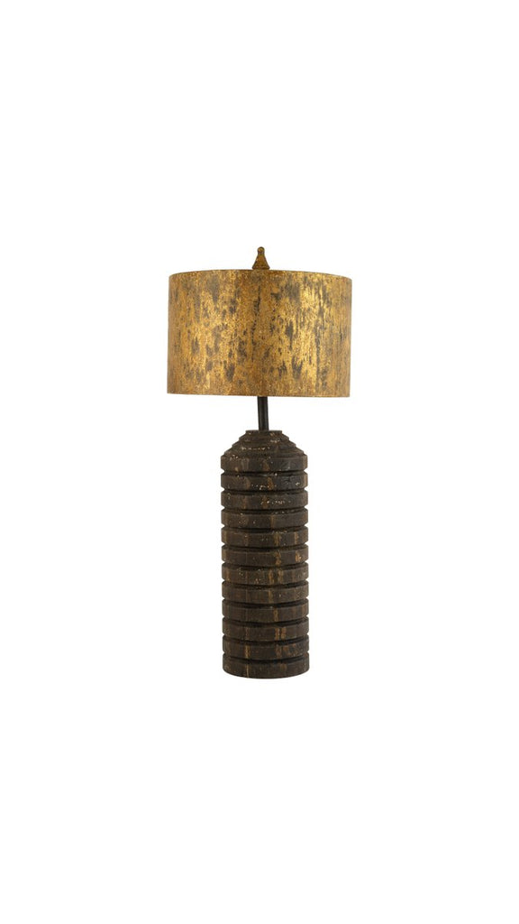 TALL WOODEN TABLE LAMP WITH ANTIQUE GOLD METAL SHADE