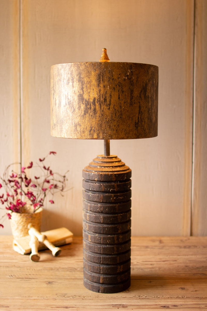 TALL WOODEN TABLE LAMP WITH ANTIQUE GOLD METAL SHADE