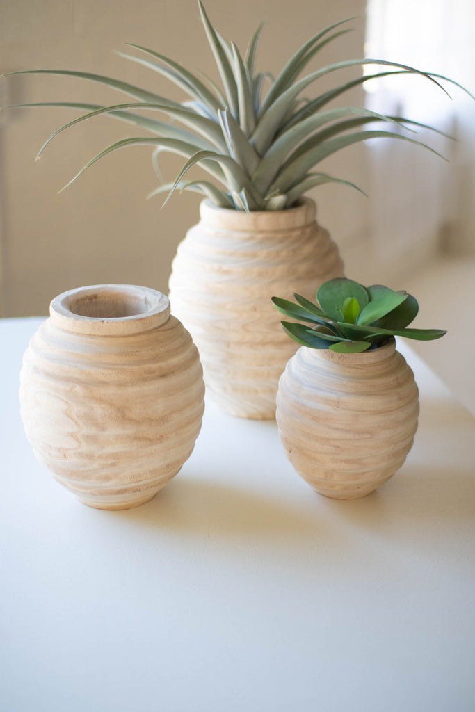 SET OF THREE NATURAL WOODEN GOURD POTS