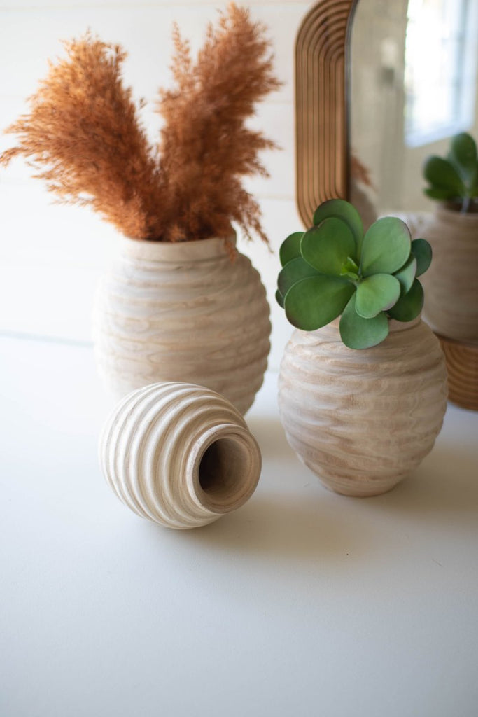 SET OF THREE NATURAL WOODEN GOURD POTS