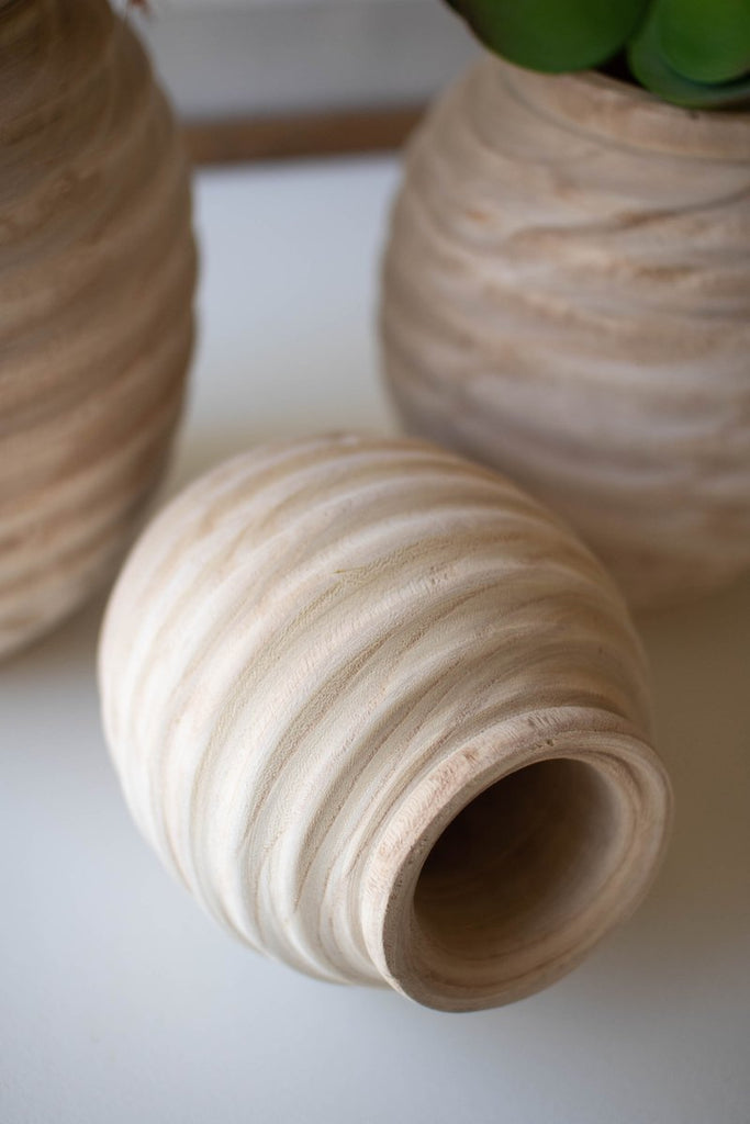 SET OF THREE NATURAL WOODEN GOURD POTS