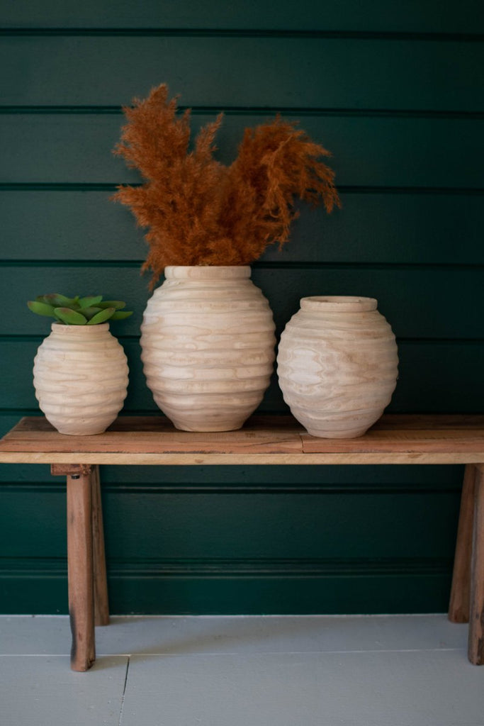 SET OF THREE NATURAL WOODEN GOURD POTS