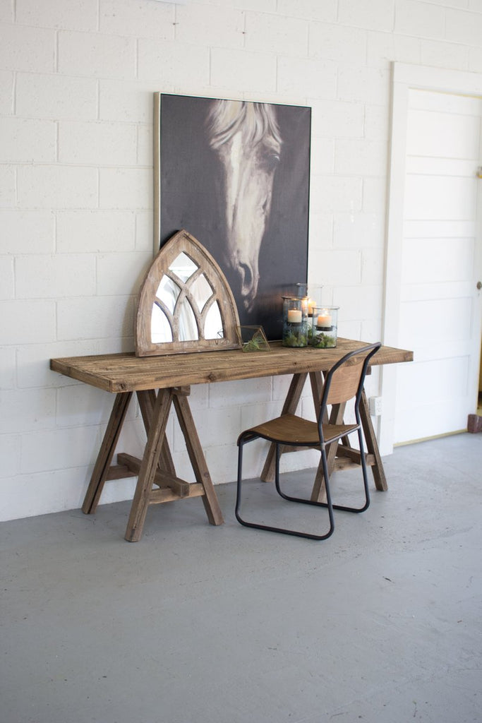 RECYCLED WOODEN DEEP CONSOLE WITH SAW HORSE BASE