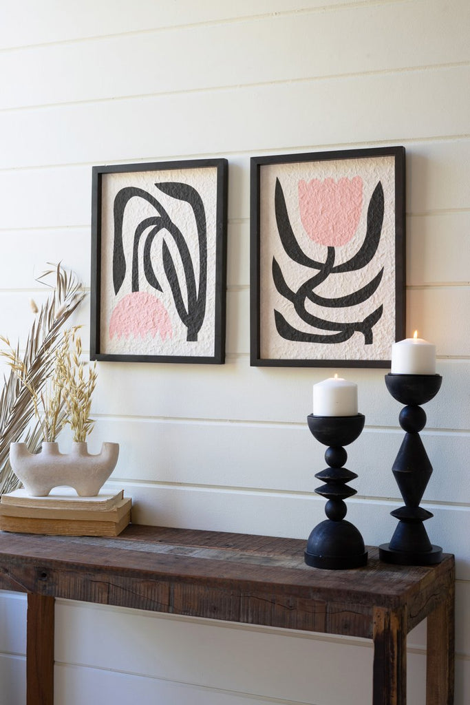 SET OF TWO FRAMED PINK AND BLACK TEXTURED FLOWER PRINTS