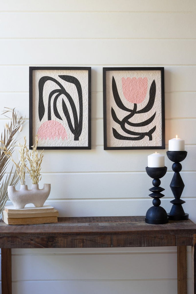 SET OF TWO FRAMED PINK AND BLACK TEXTURED FLOWER PRINTS