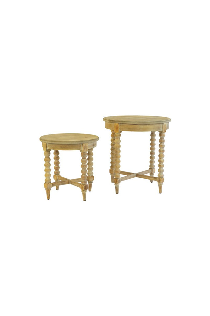 SET OF TWO ROUND WOODEN SIDE TABLES WITH TURNED LEGS