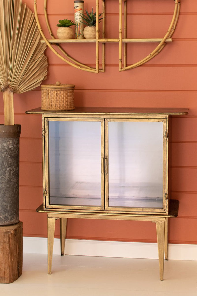 ANTIQUE BRASS AND GLASS TWO DOOR CABINET