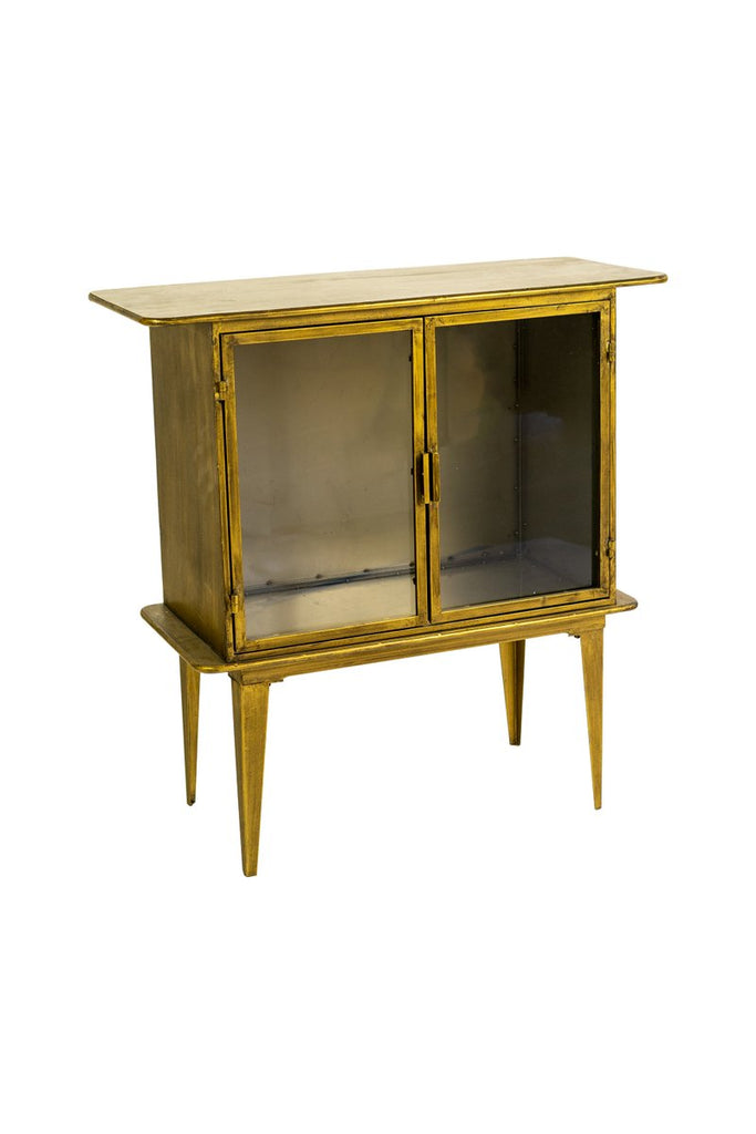 ANTIQUE BRASS AND GLASS TWO DOOR CABINET