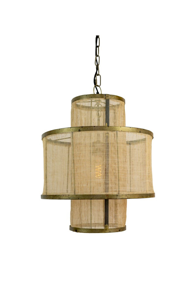 ROUND DOUBLE LAYERED WOVEN FIBER AND METAL PENDANT LIGHT