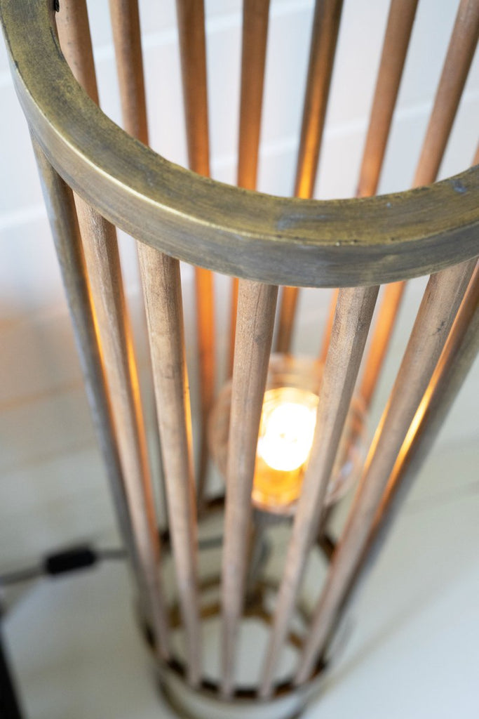 ROUND BRASS & WOOD CYLINDER FLOOR LAMP