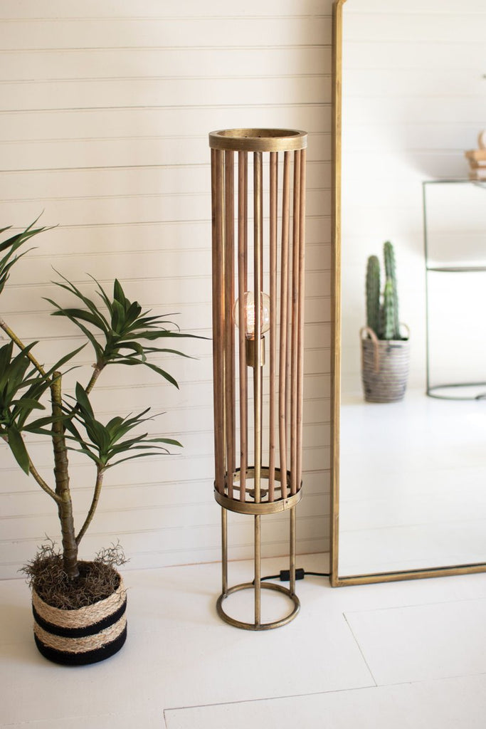 ROUND BRASS & WOOD CYLINDER FLOOR LAMP