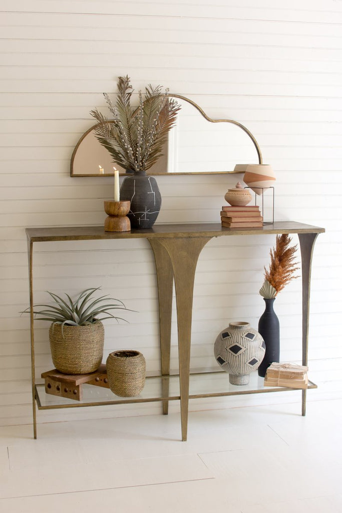 ANTIQUE BRASS AND GLASS SOFA TABLE