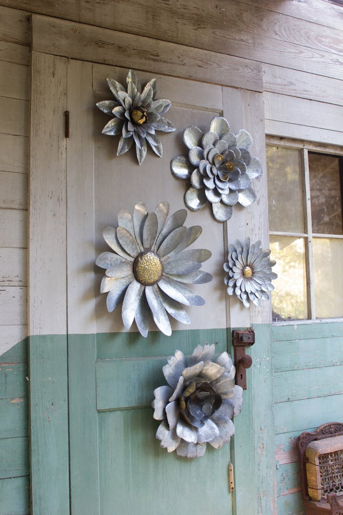 SET OF FIVE GALVANIZED METAL WALL FLOWERS