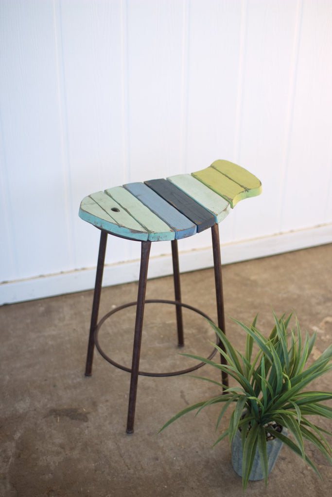 PAINTED WOOD AND METAL FISH COUNTER STOOL