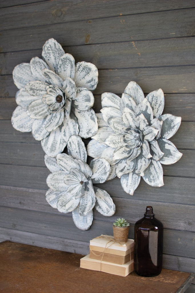 SET OF THREE WHITE-WASHED WALL FLOWERS