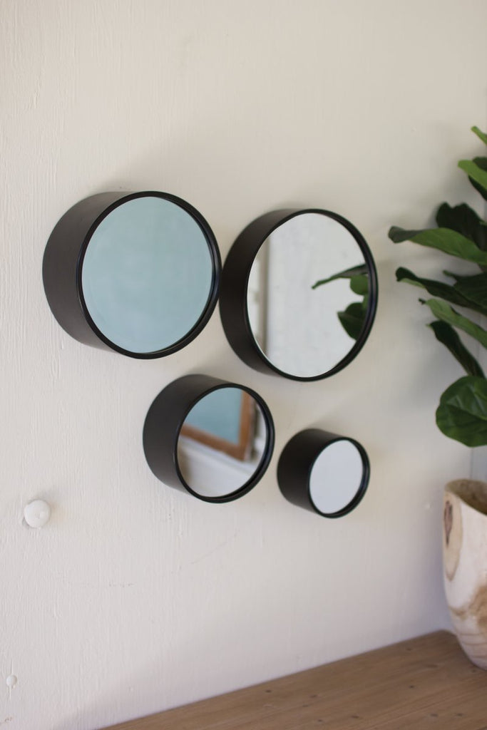 SET OF FOUR ROUND METAL WALL MIRRORS - ANTIQUE BLACK