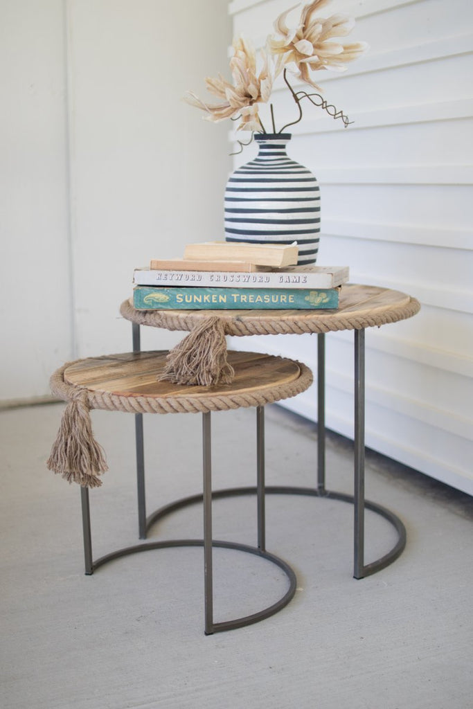 SET OF TWO ROUND NESTING TABLES- RECYCLE WOOD W ROPE ACCENT