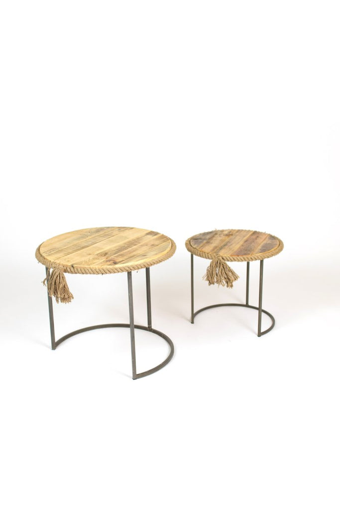 SET OF TWO ROUND NESTING TABLES- RECYCLE WOOD W ROPE ACCENT