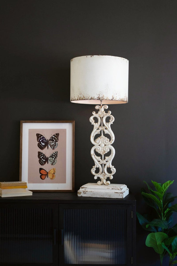 TABLE LAMP - ANTIQUE WHITE WITH CARVED DAMASK BASE