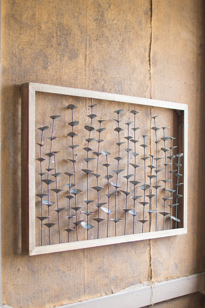 WOOD FRAMED METAL LEAVES WALL HANGING