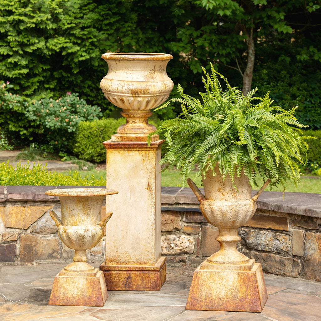 Metal Portico Urn with Tall Pedestal