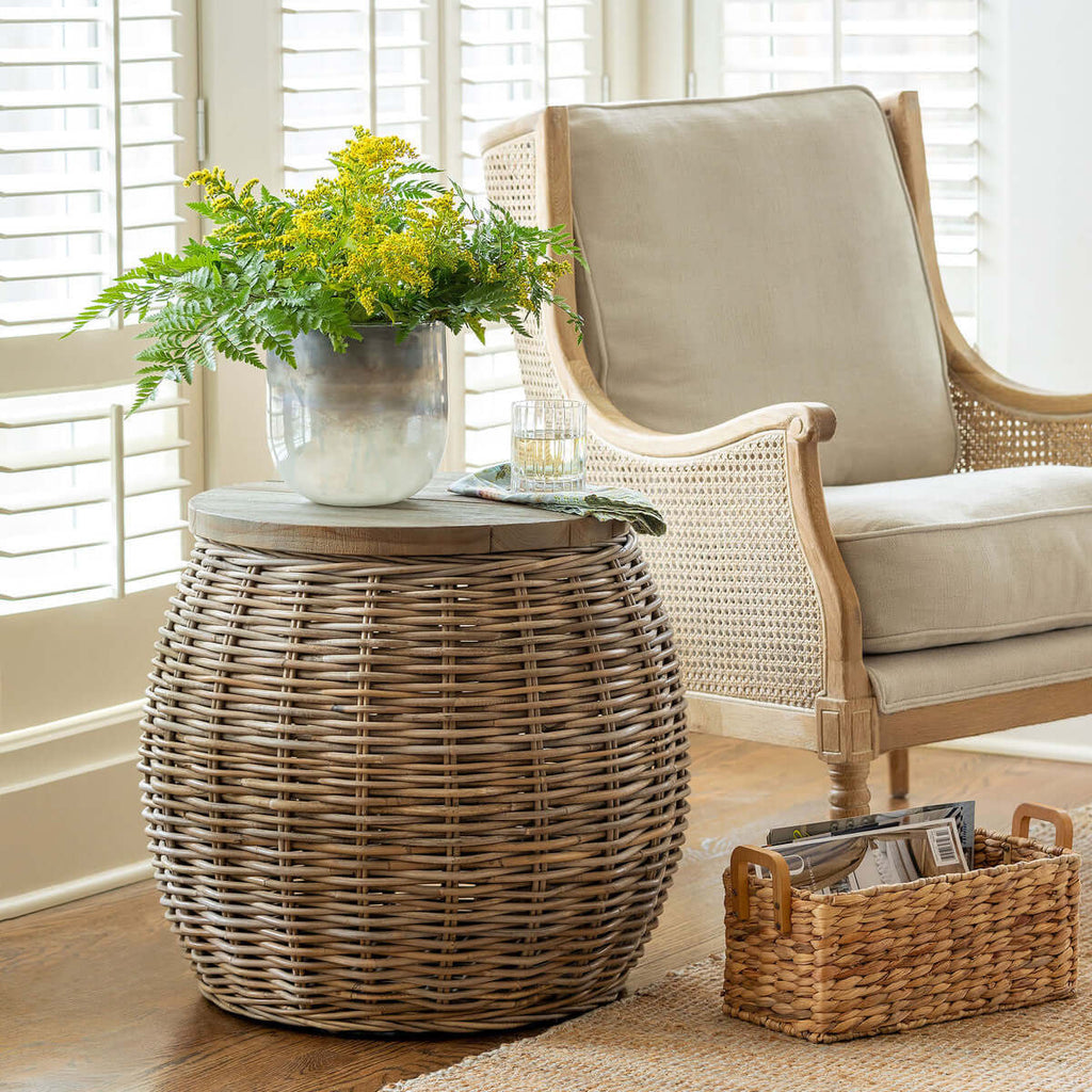 Rattan Side Table with Wood Top