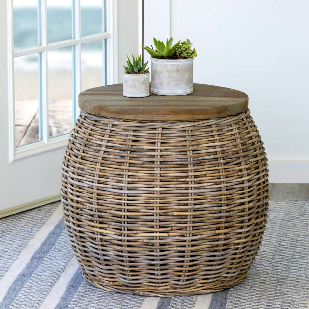 Rattan Side Table with Wood Top