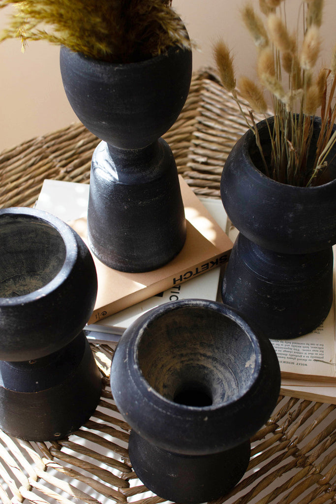 SET OF FOUR BLACK CLAY VASES