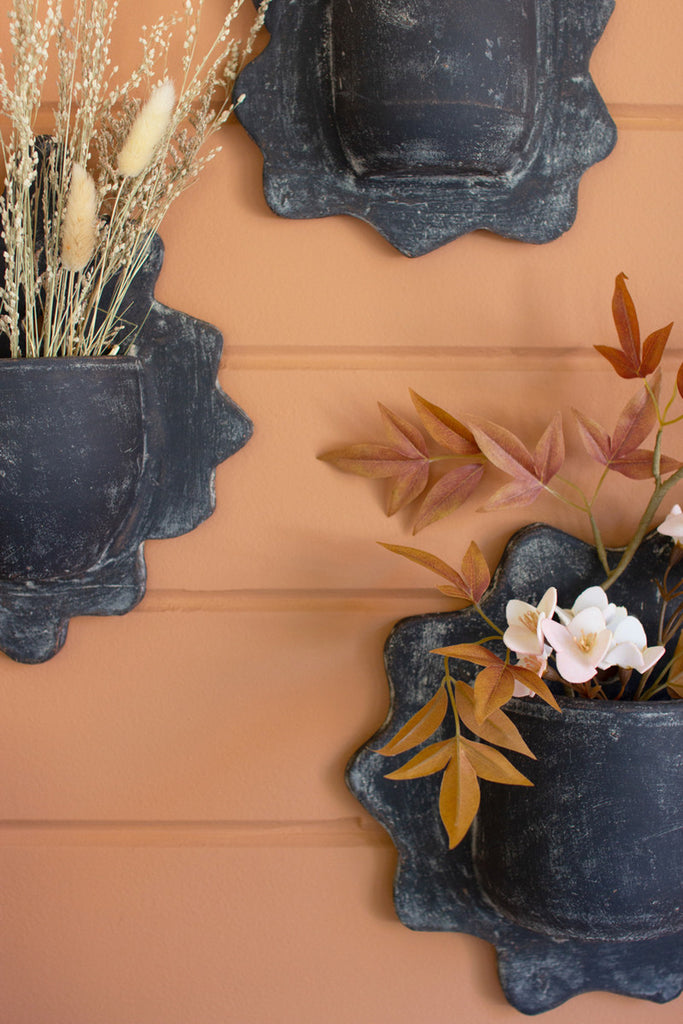 SET OF THREE BLACK WAVY CLAY WALL PLANTERS