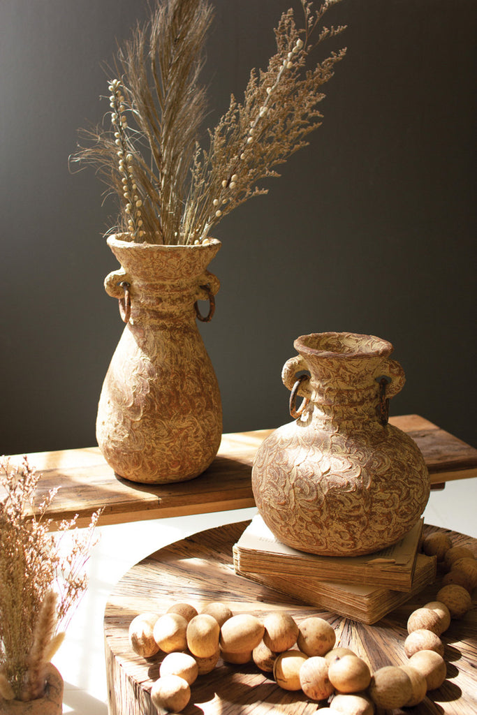 TALL ANTIQUED CLAY URN WITH METAL RINGS