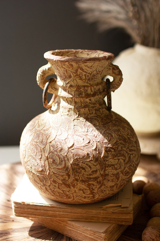 SHORT ANTIQUED CLAY URN WITH METAL RINGS