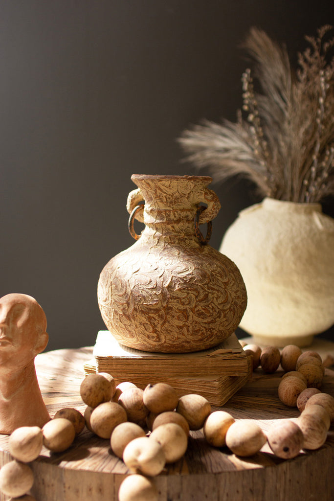 SHORT ANTIQUED CLAY URN WITH METAL RINGS