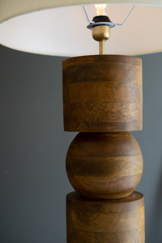 WOODEN COLUMN FLOOR LAMP BASE W FABRIC LAMP SHADE