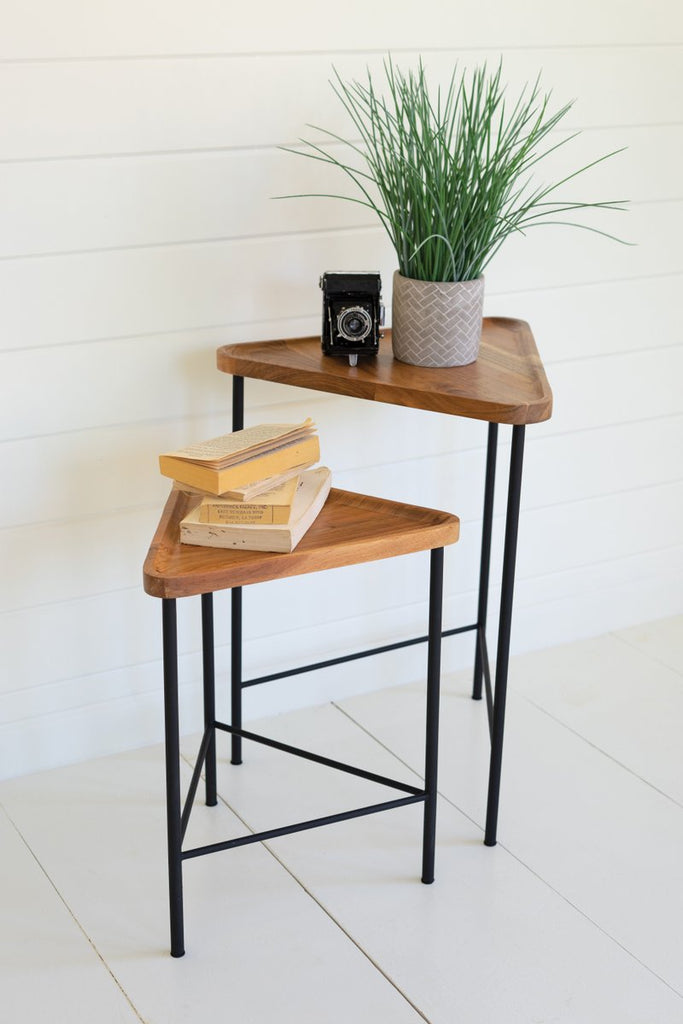 SET OF TWO TRIANGLE ACACIA WOOD SIDE TABLES WITH IRON BASES