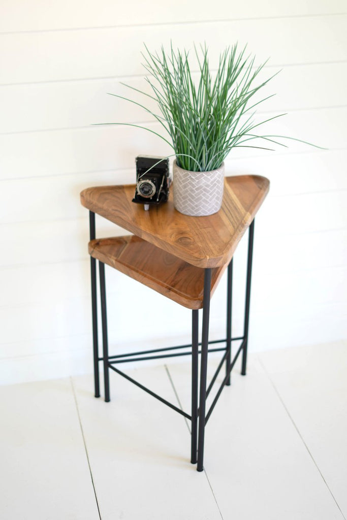 SET OF TWO TRIANGLE ACACIA WOOD SIDE TABLES WITH IRON BASES