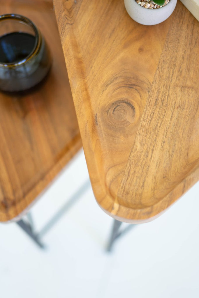 SET OF TWO TRIANGLE ACACIA WOOD SIDE TABLES WITH IRON BASES