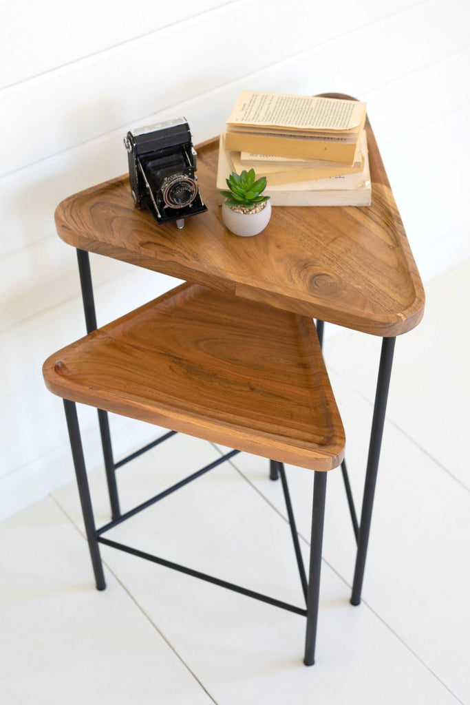 SET OF TWO TRIANGLE ACACIA WOOD SIDE TABLES WITH IRON BASES