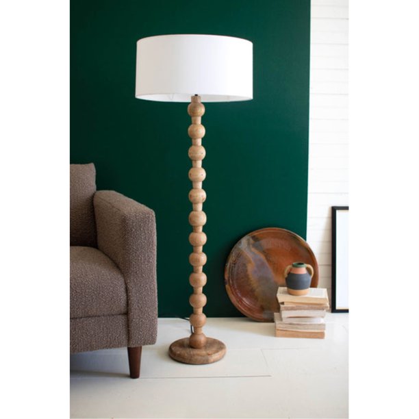 CARVED WOODEN FLOOR LAMP WITH OFF-WHITE BARREL SHADE