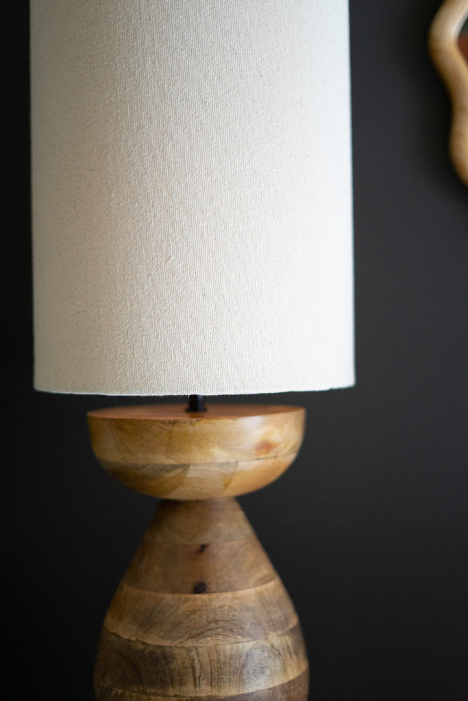 MANGO WOOD TABLE LAMP BASE W FABRIC CYLINDER LAMPSHADE