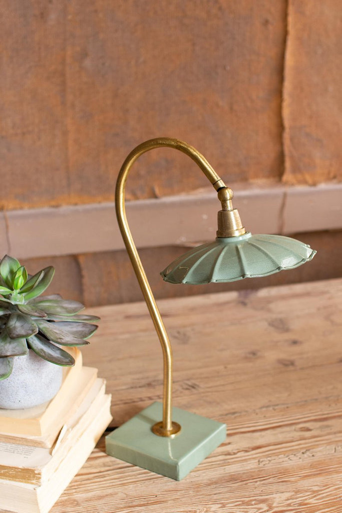 ANTIQUE BRASS GOOSE NECK TABLE LAMP WITH ENAMEL SHADE