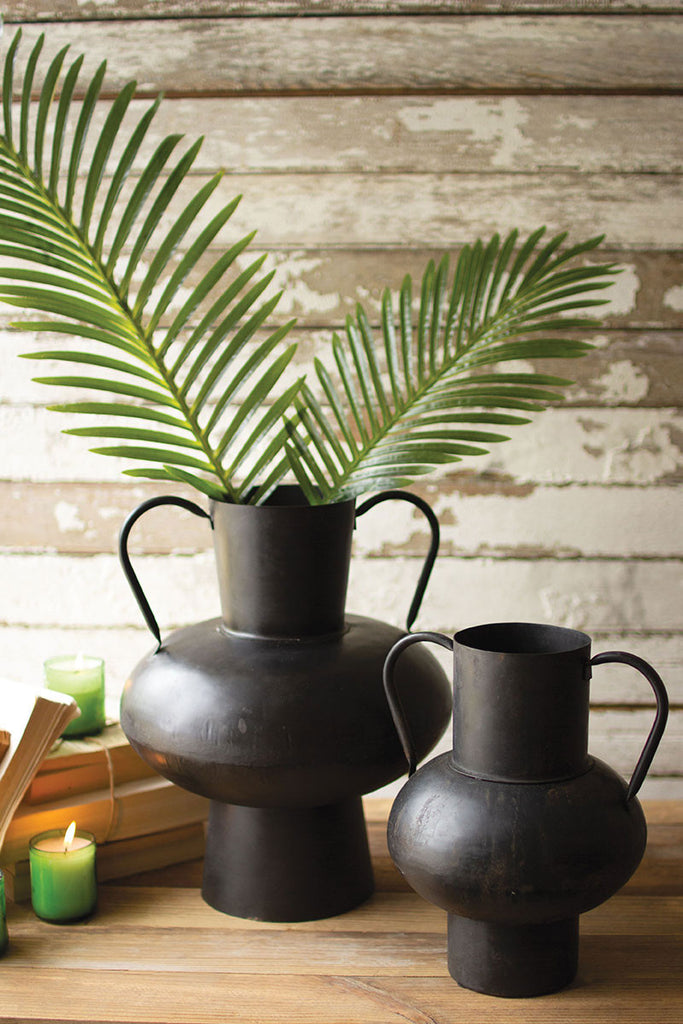 SET OF TWO WAXED BLACK METAL URNS WITH HANDLES