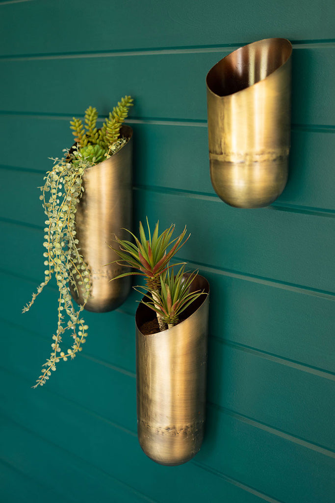 SET OF THREE ANTIQUE BRASS WALL VASES