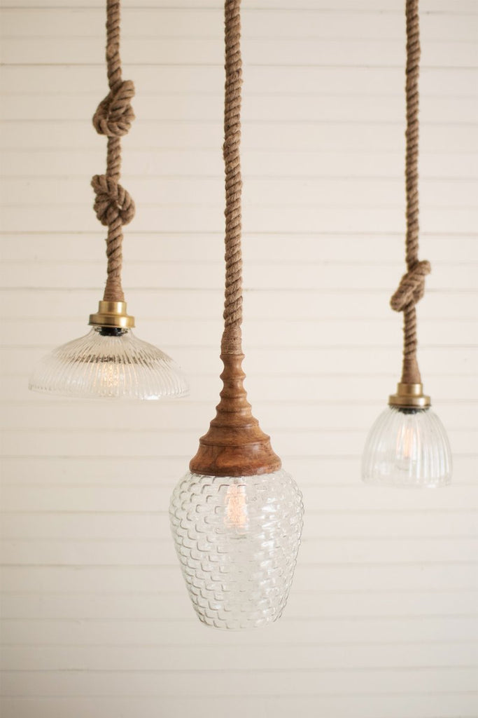 CLEAR GLASS AND MANGO WOOD PENDANT LIGHT WITH ROPE