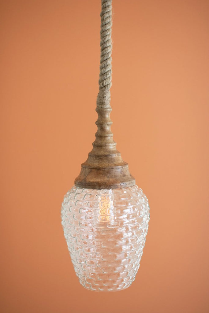 CLEAR GLASS AND MANGO WOOD PENDANT LIGHT WITH ROPE